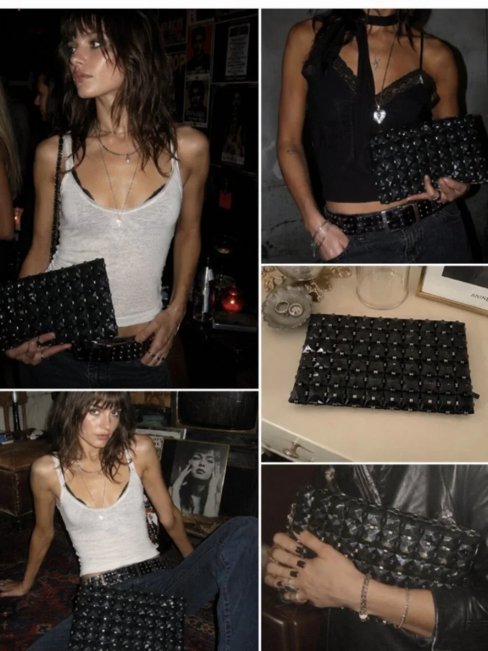 Vintage 1940s Plasti-Square Black Studded Clutch Indie Sleaze